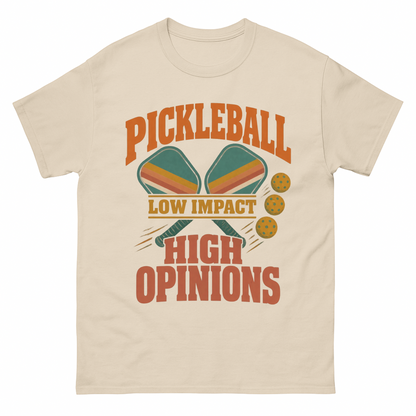 Sand vintage t-shirt with Pickleball Low Impact. High Opinions printed front design