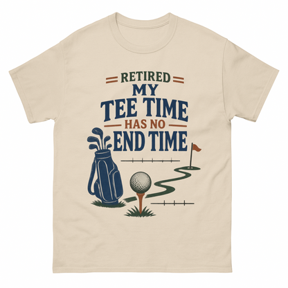 Sand vintage t-shirt with Retired. My Tee Time Has No End Time printed front design