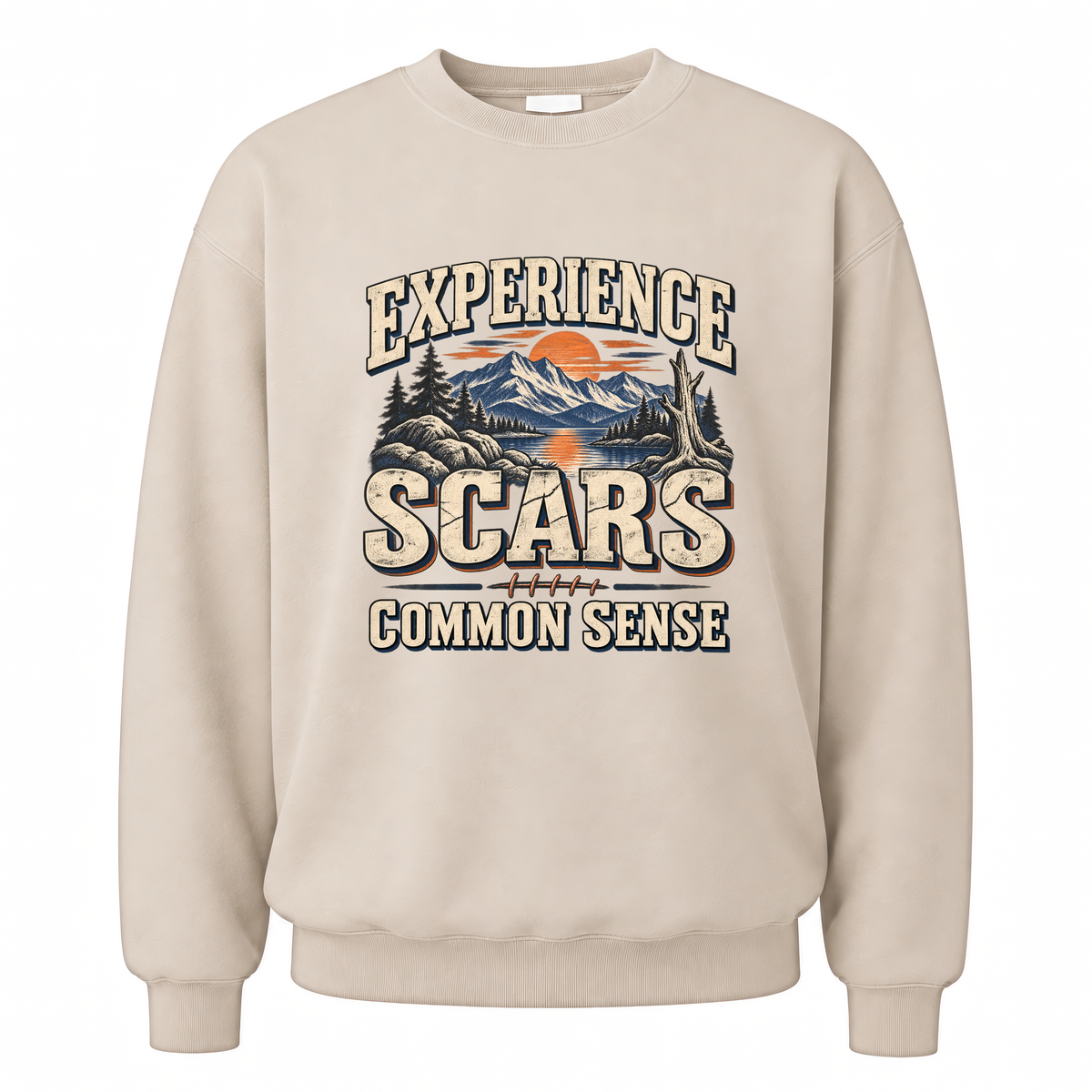 Sand vintage sweatshirt with Experience Scars. Common Sense printed front design