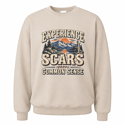 Sand vintage sweatshirt with Experience Scars. Common Sense printed front design