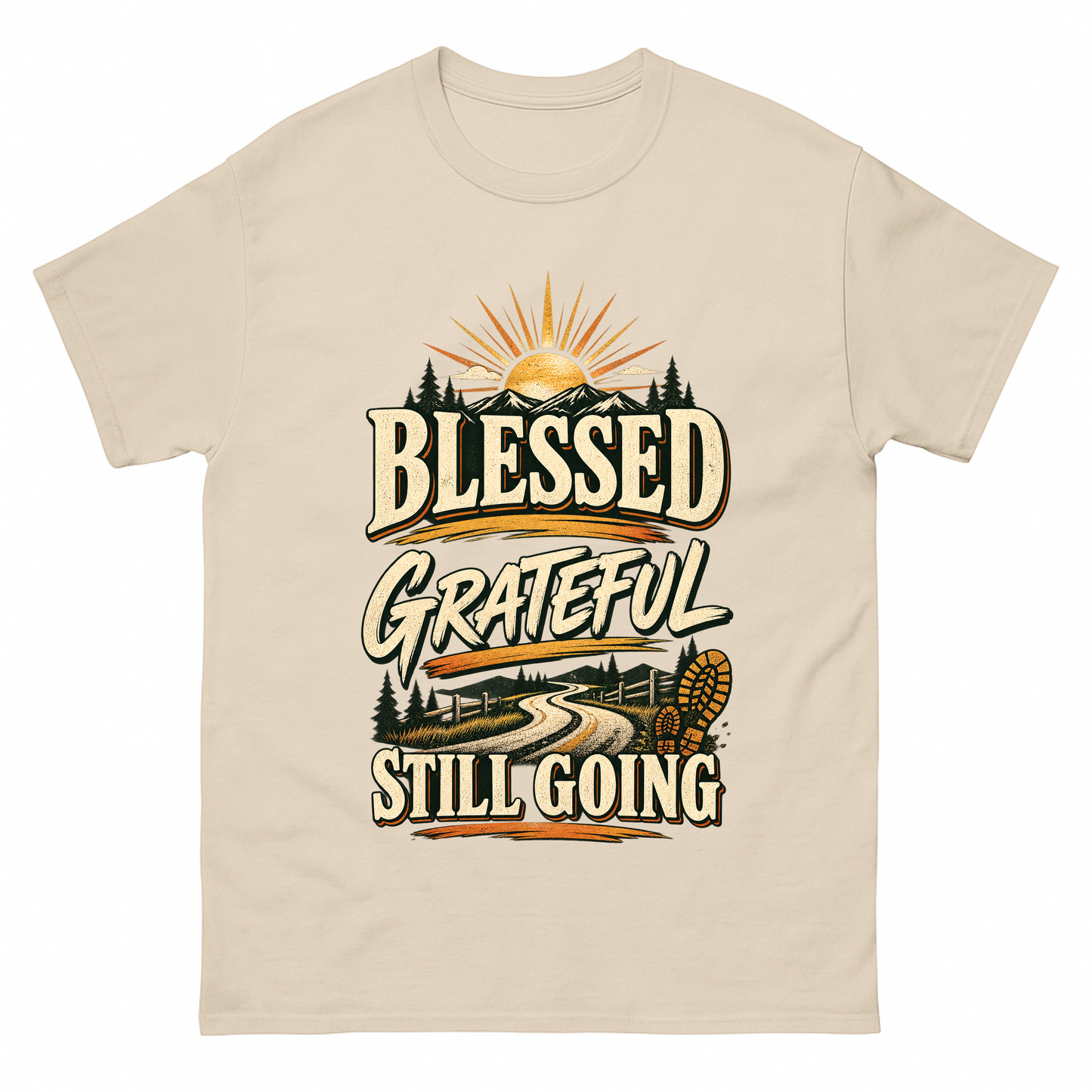 Sand vintage t-shirt with Blessed Grateful Still Going printed front design