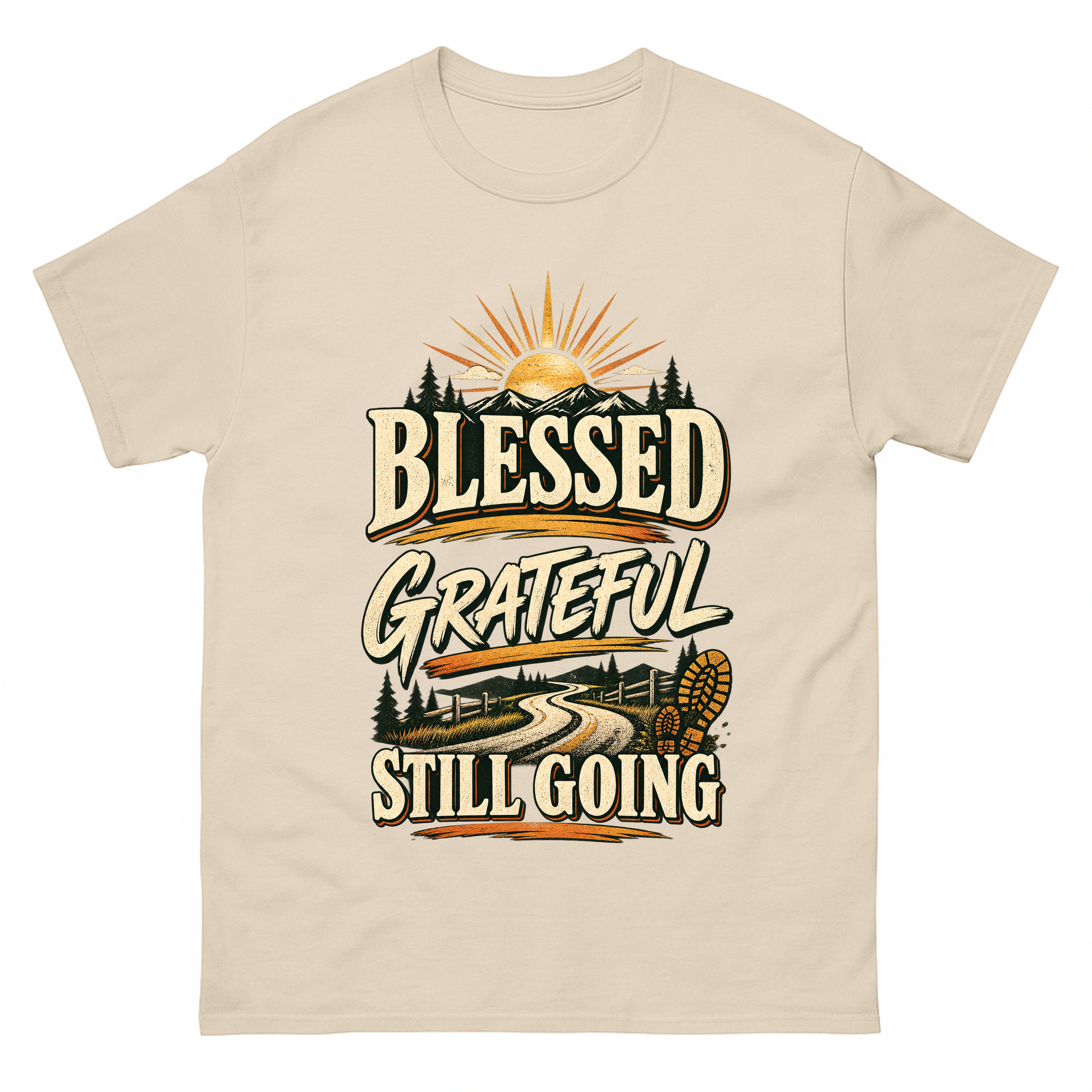 Sand vintage t-shirt with Blessed Grateful Still Going printed front design