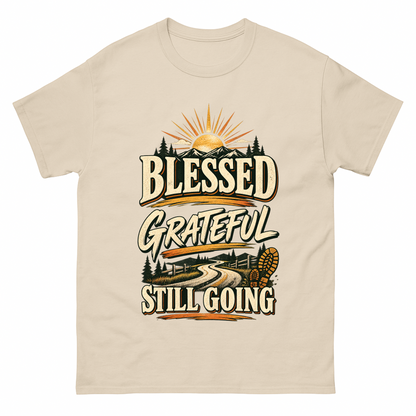 Sand vintage t-shirt with Blessed Grateful Still Going printed front design