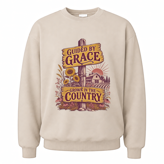 Sand vintage sweatshirt with Guided By Grace Grown In The Country printed front design
