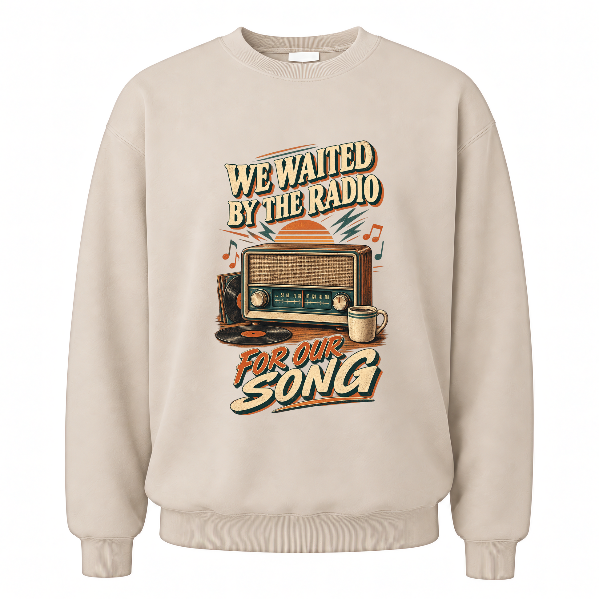 Sand vintage sweatshirt with We Waited By The Radio For Our Song printed front design