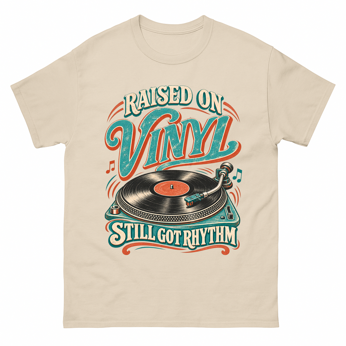 Sand vintage t-shirt with Raised On Vinyl Still Got Rhythm printed front design