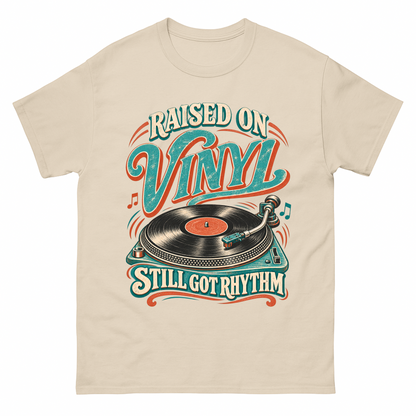 Sand vintage t-shirt with Raised On Vinyl Still Got Rhythm printed front design