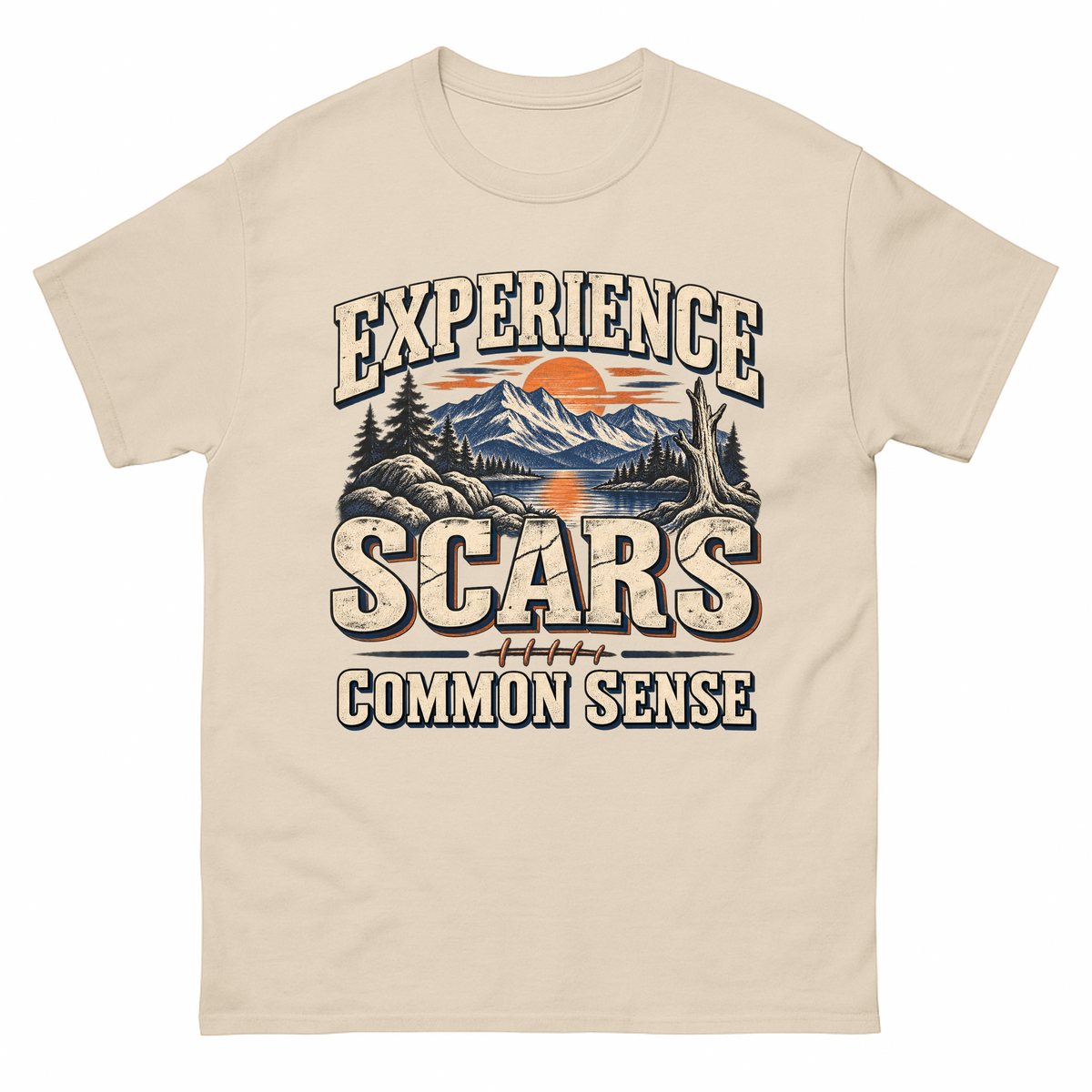 Sand vintage t-shirt with Experience Scars. Common Sense printed front design