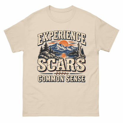 Sand vintage t-shirt with Experience Scars. Common Sense printed front design