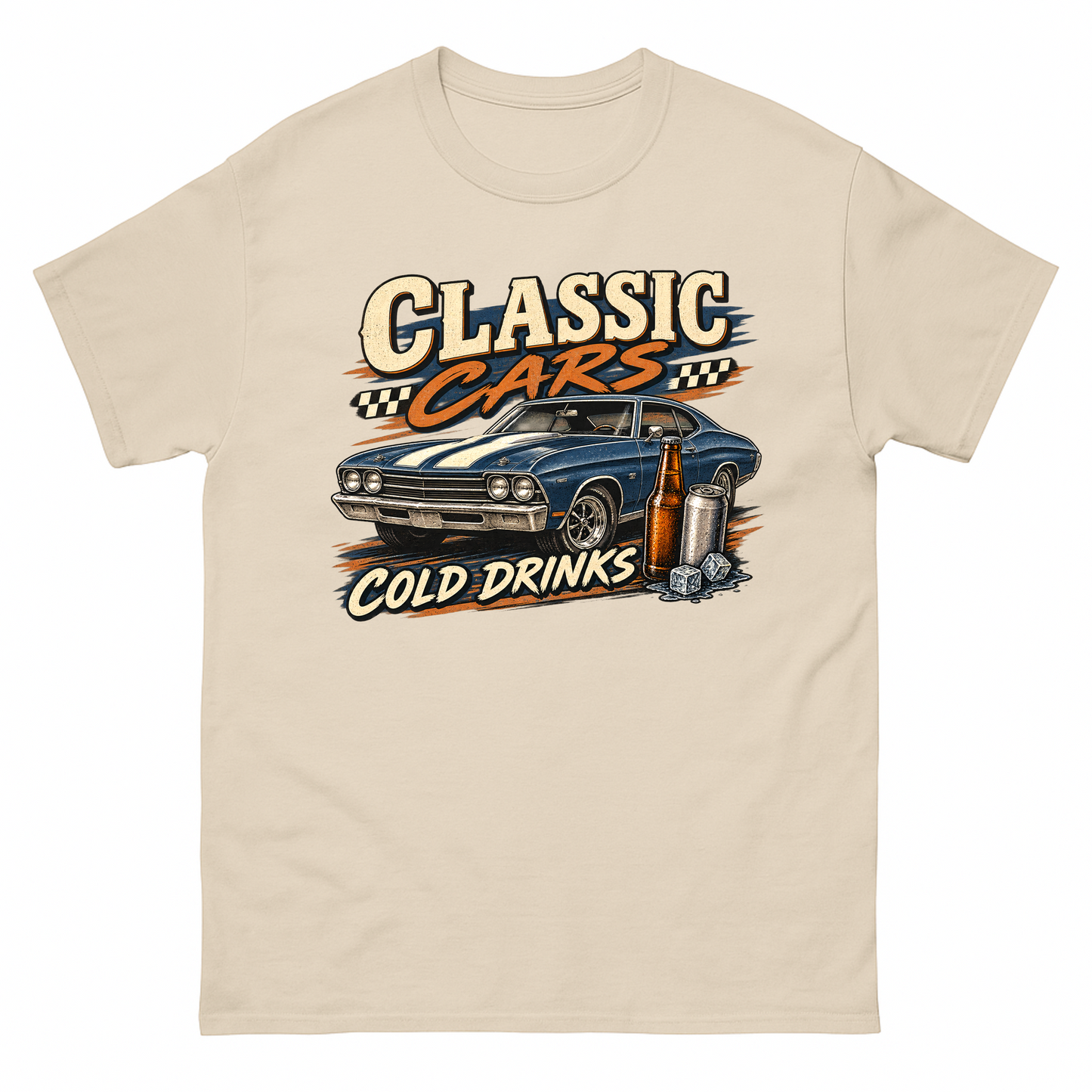 Sand vintage t-shirt with Classic Cars. Cold Drinks printed front design