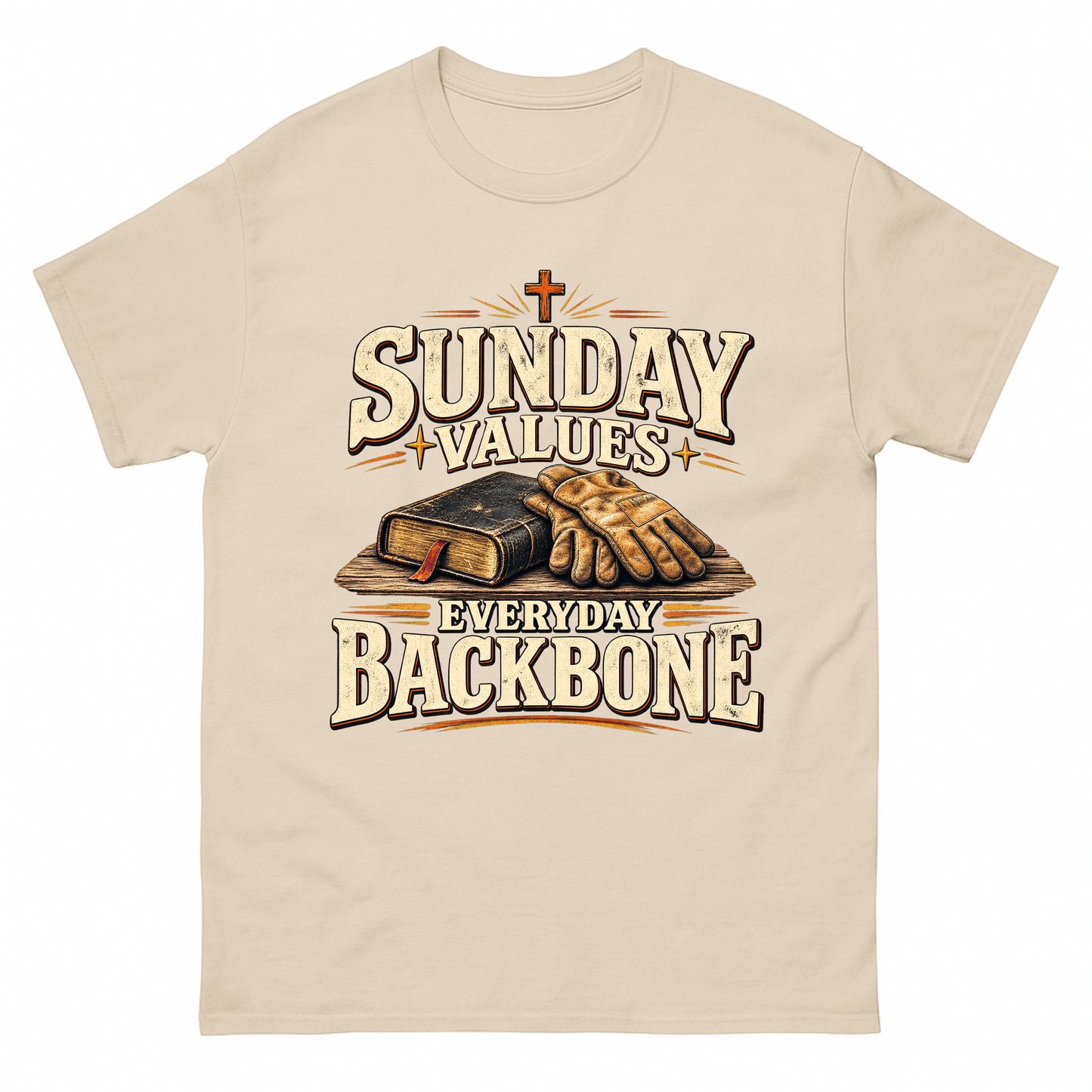 Sand vintage t-shirt with Sunday Values Everyday Backbone printed front design