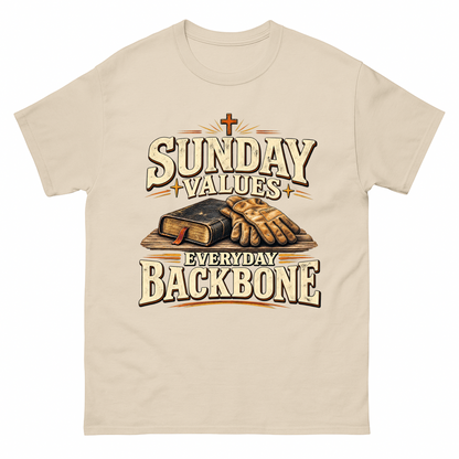 Sand vintage t-shirt with Sunday Values Everyday Backbone printed front design