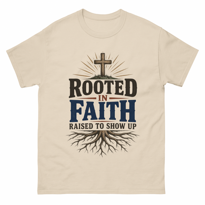 Sand vintage t-shirt with Rooted In Faith Raised To Show Up printed front design