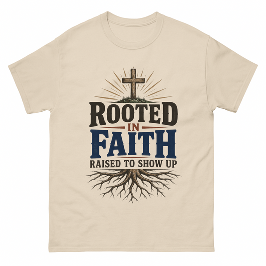 Sand vintage t-shirt with Rooted In Faith Raised To Show Up printed front design