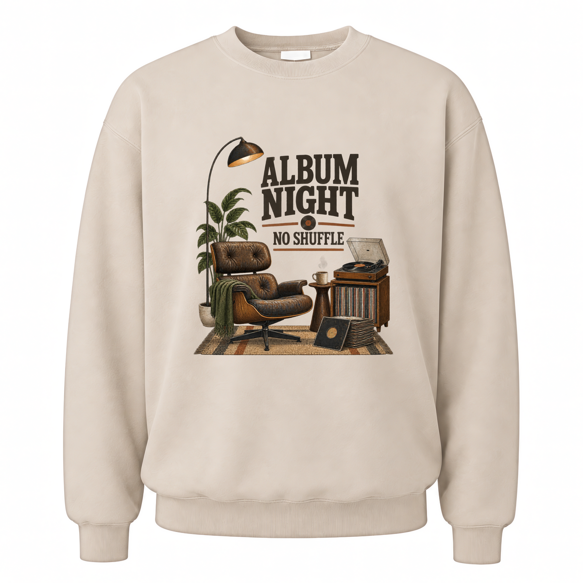 Sand vintage sweatshirt with Album Night. No Shuffle printed front design