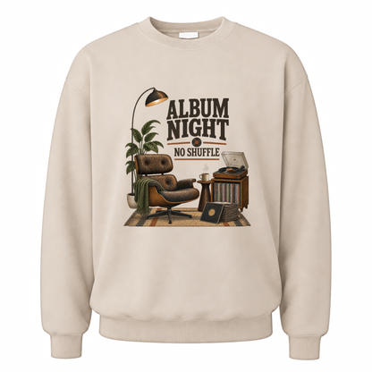 Sand vintage sweatshirt with Album Night. No Shuffle printed front design