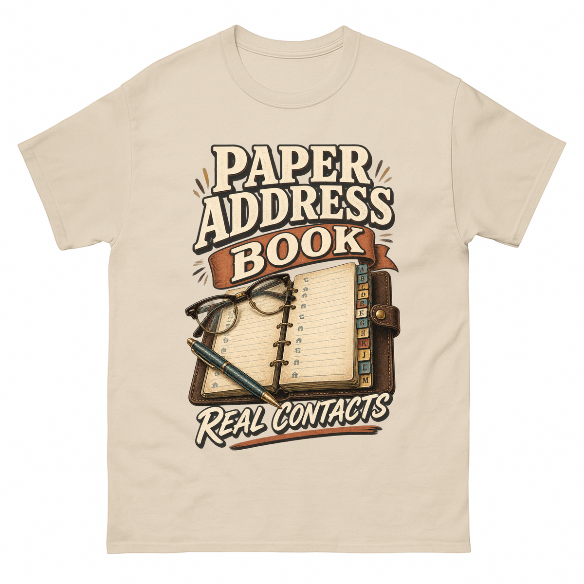 Sand vintage t-shirt with Paper Address Book. Real Contacts printed front design