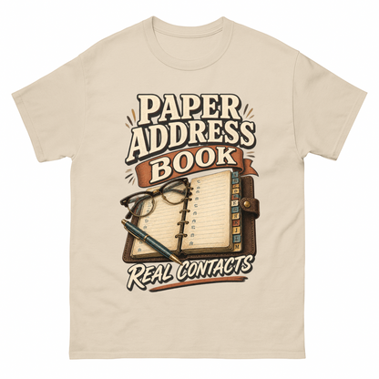Sand vintage t-shirt with Paper Address Book. Real Contacts printed front design