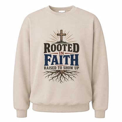 Sand vintage sweatshirt with Rooted In Faith Raised To Show Up printed front design