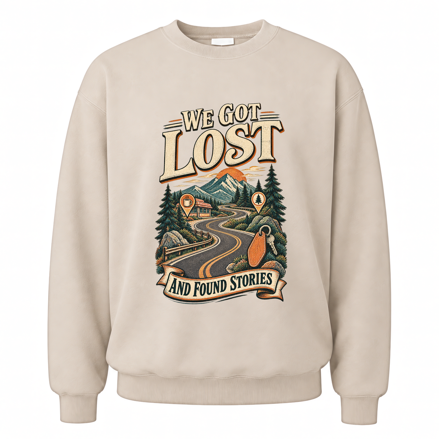 Sand vintage sweatshirt with We Got Lost And Found Stories printed front design
