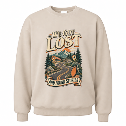 Sand vintage sweatshirt with We Got Lost And Found Stories printed front design