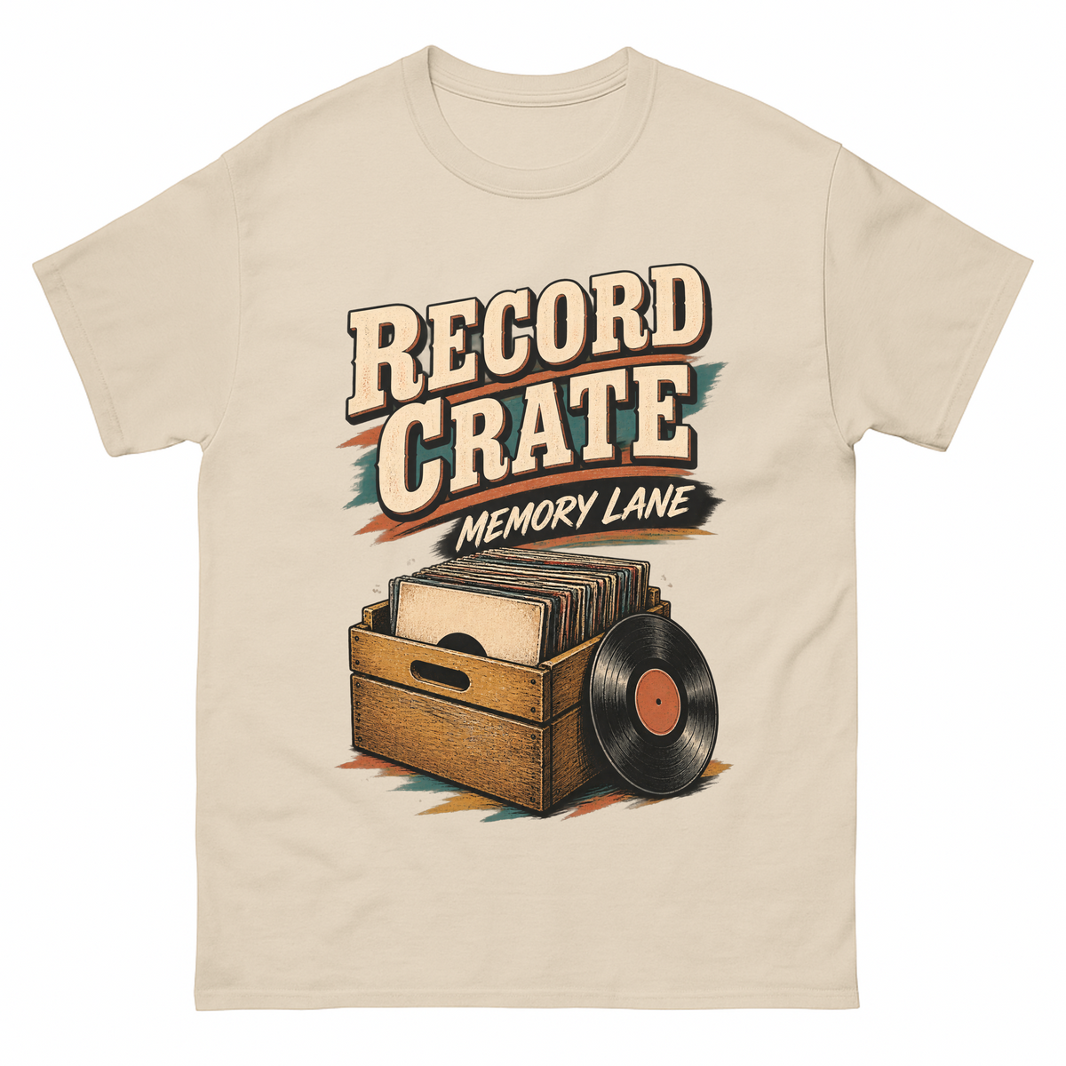 Sand vintage t-shirt with Record Crate Memory Lane printed front design