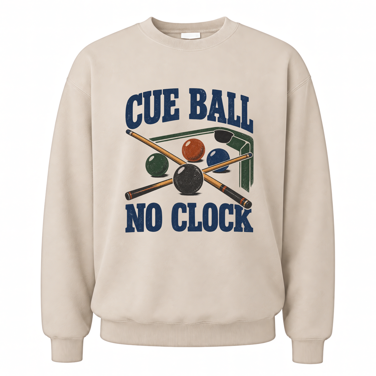 Sand vintage sweatshirt with Cue Ball No Clock printed front design