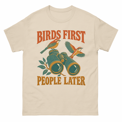 Sand vintage t-shirt with Birds First. People Later printed front design