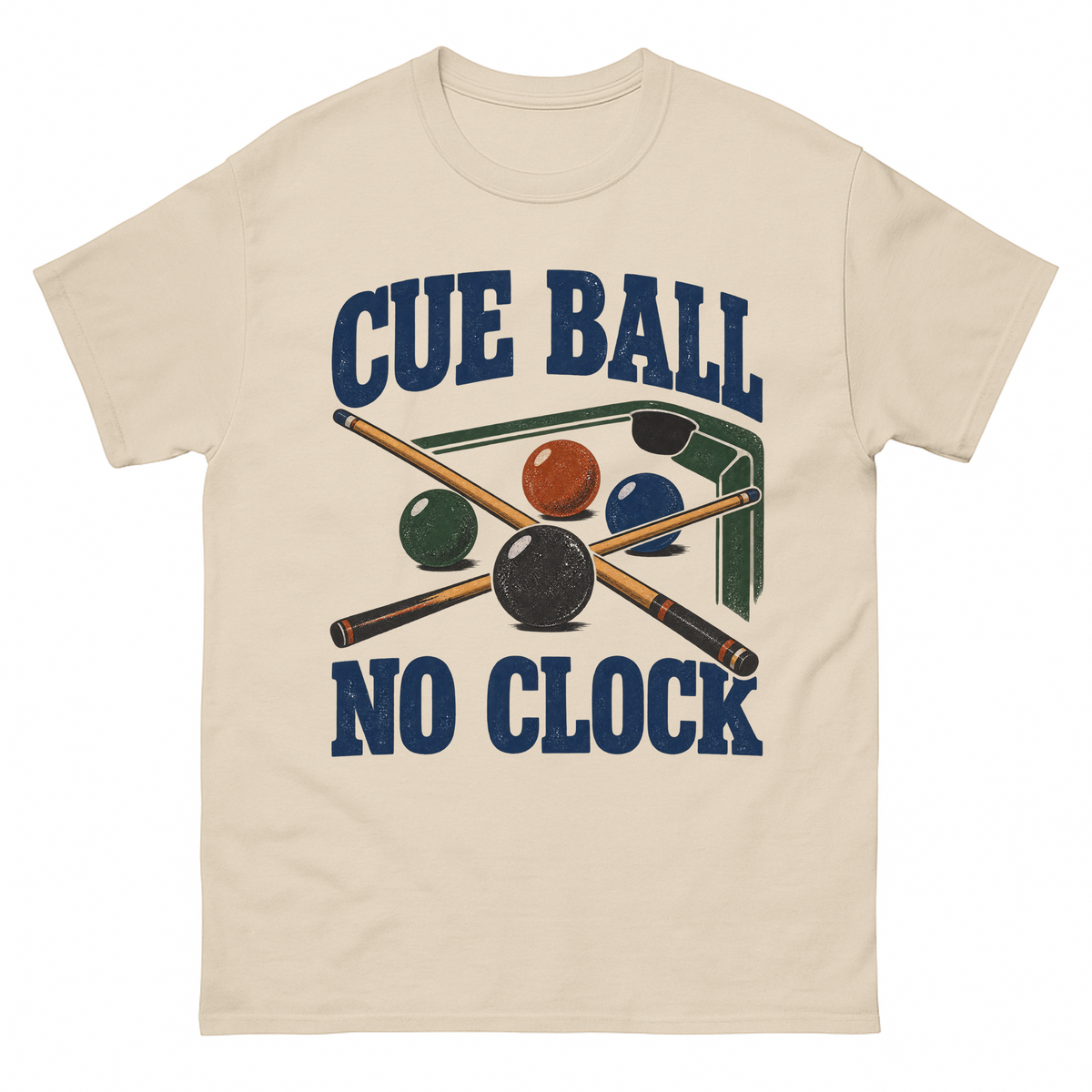 Sand vintage t-shirt with Cue Ball No Clock printed front design