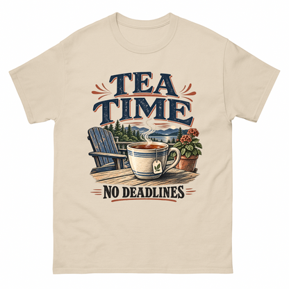 Sand vintage t-shirt with Tea Time. No Deadlines printed front design