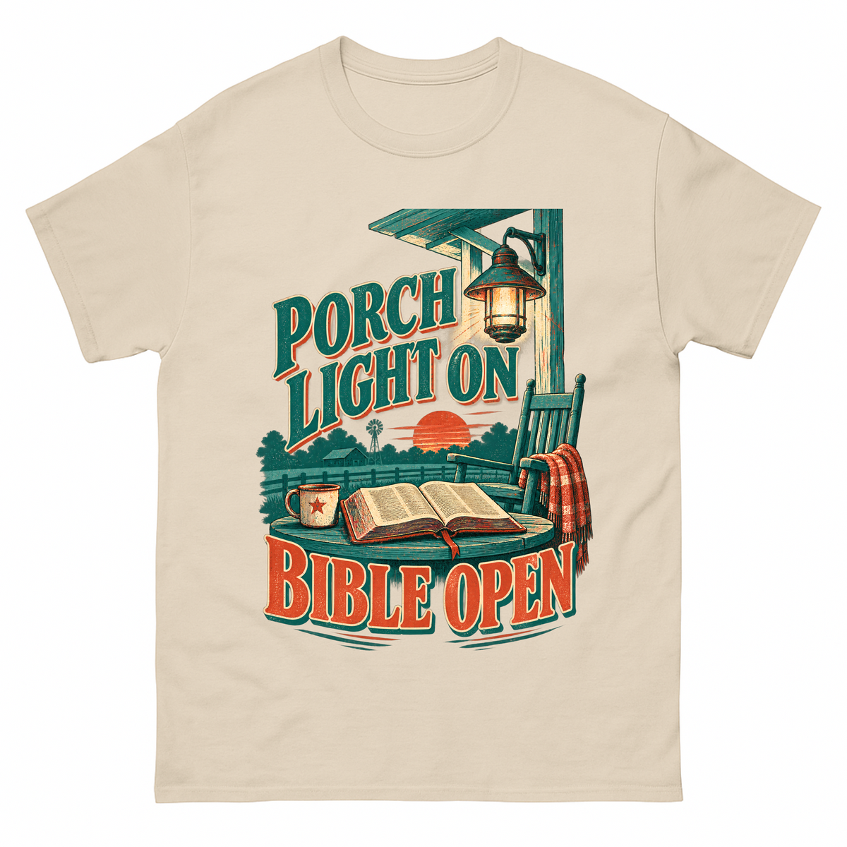 Sand vintage t-shirt with Porch Light On Bible Open printed front design