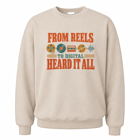 Sand vintage sweatshirt with From Reels To Digital Heard It All printed front design