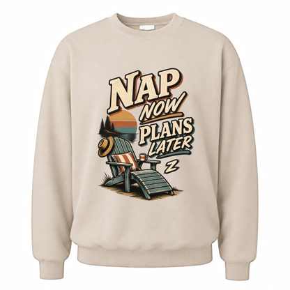 Sand vintage sweatshirt with Nap Now Plans Later printed front design