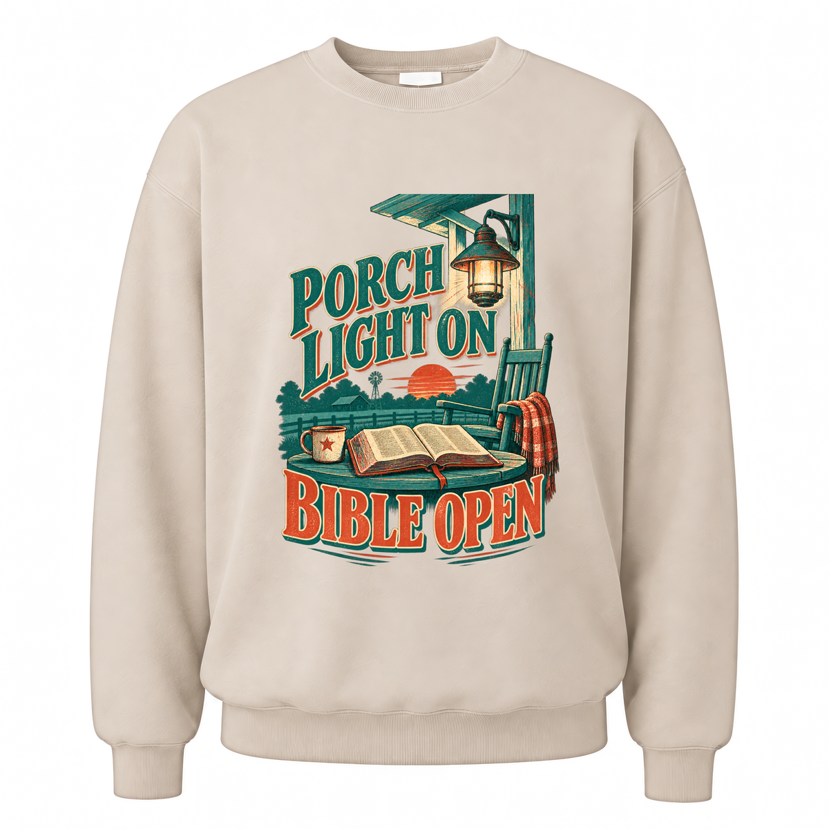 Sand vintage sweatshirt with Porch Light On Bible Open printed front design