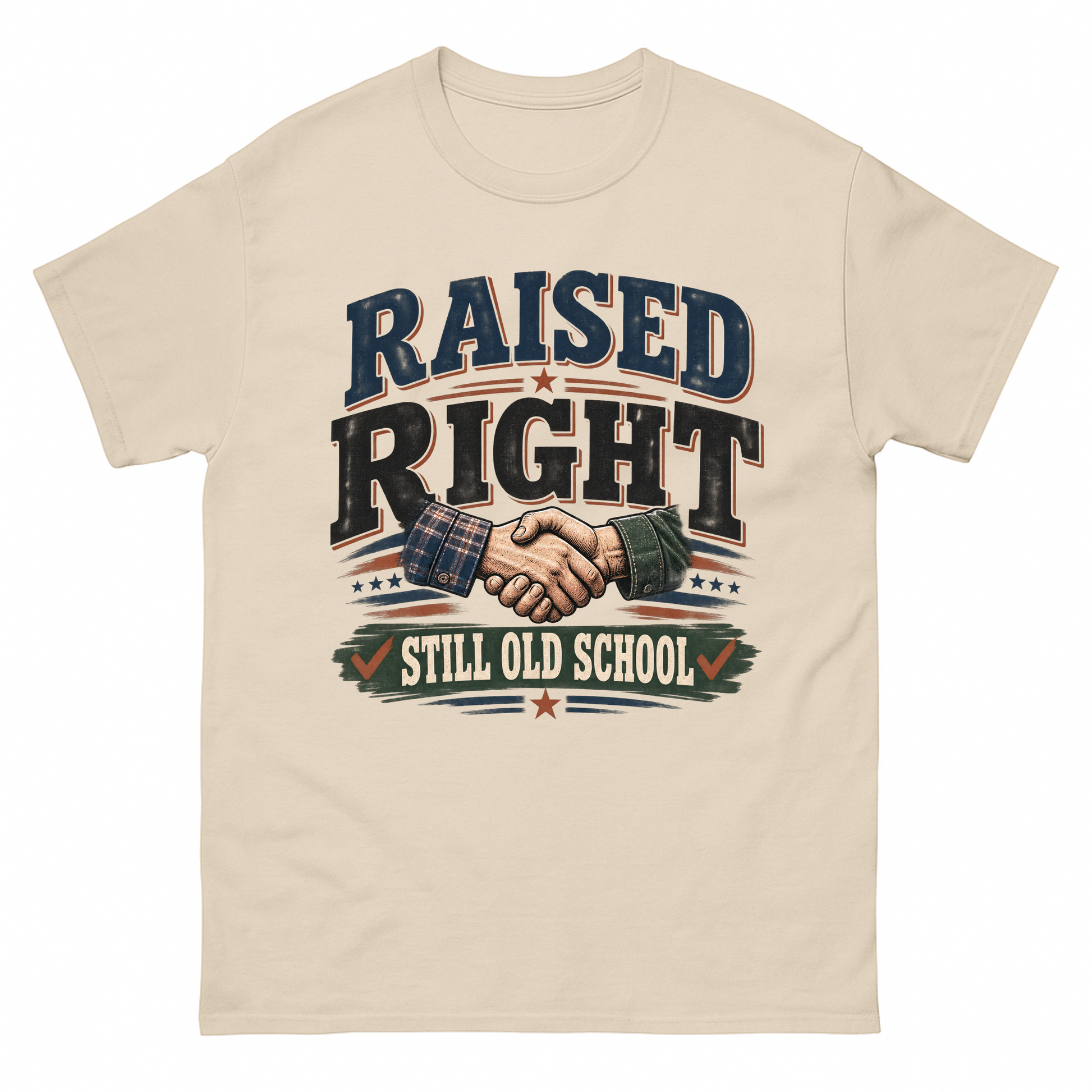 Sand vintage t-shirt with Raised Right Still Old School printed front design