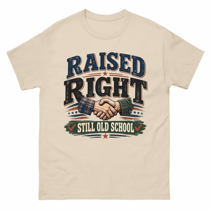 Sand vintage t-shirt with Raised Right Still Old School printed front design