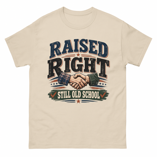 Sand vintage t-shirt with Raised Right Still Old School printed front design