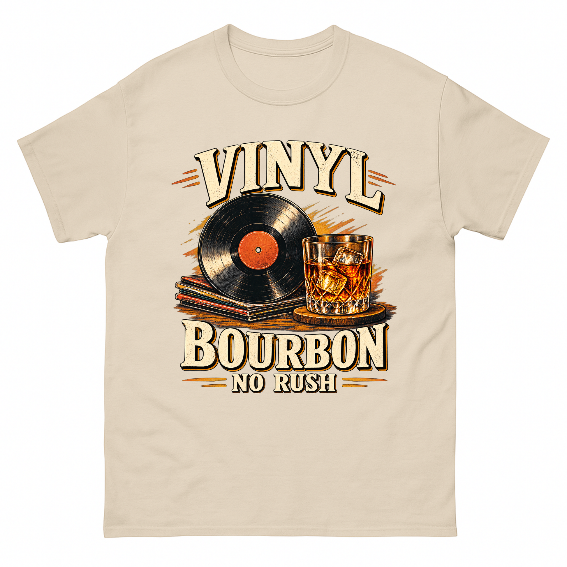 Sand vintage t-shirt with Vinyl Bourbon. No Rush printed front design