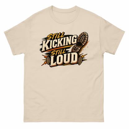 Sand vintage t-shirt with Still Kicking Still Loud printed front design