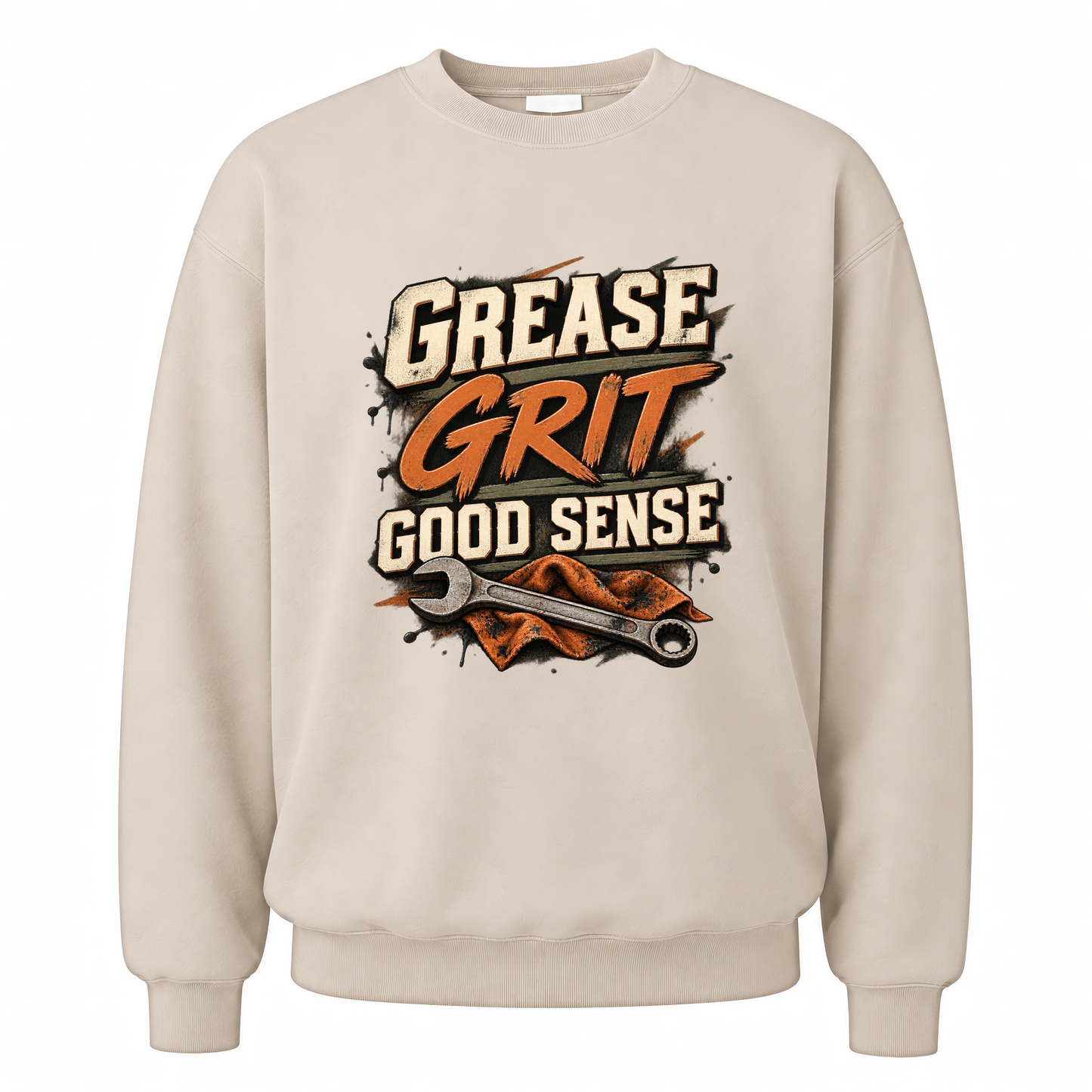 Sand vintage sweatshirt with Grease Grit Good Sense printed front design