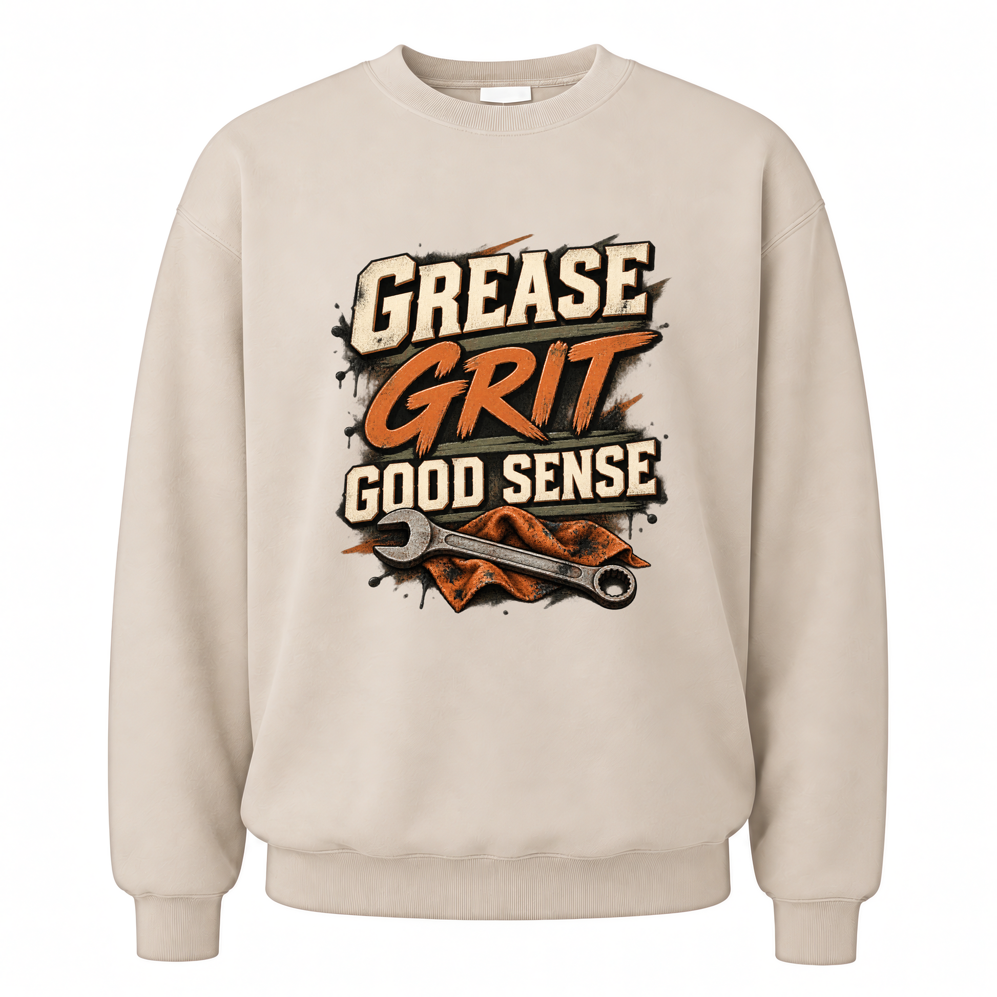 Sand vintage sweatshirt with Grease Grit Good Sense printed front design