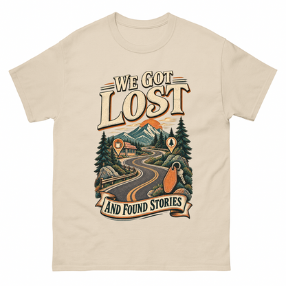 Sand vintage t-shirt with We Got Lost And Found Stories printed front design