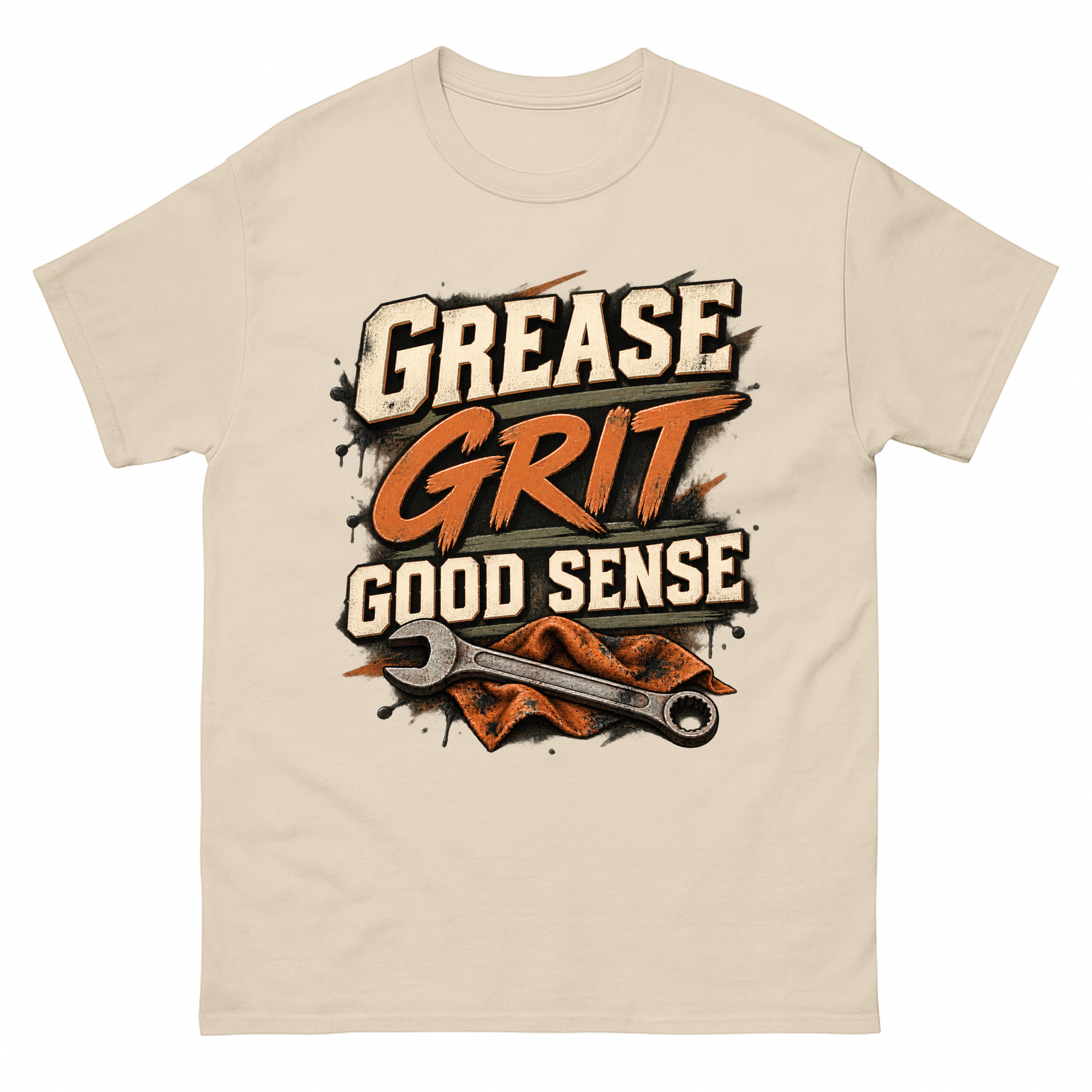 Sand vintage t-shirt with Grease Grit Good Sense printed front design