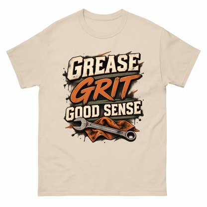 Sand vintage t-shirt with Grease Grit Good Sense printed front design