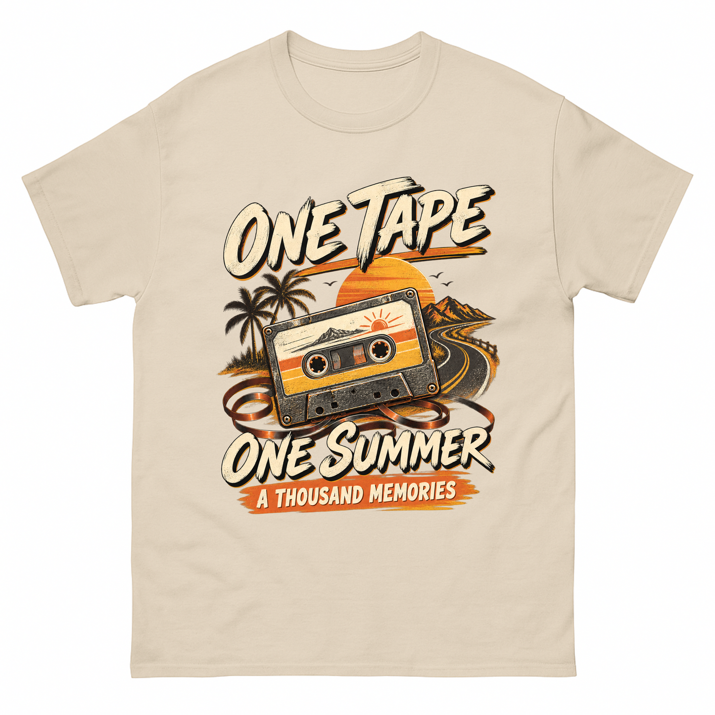 Sand vintage t-shirt with One Tape One Summer A Thousand Memories printed front design