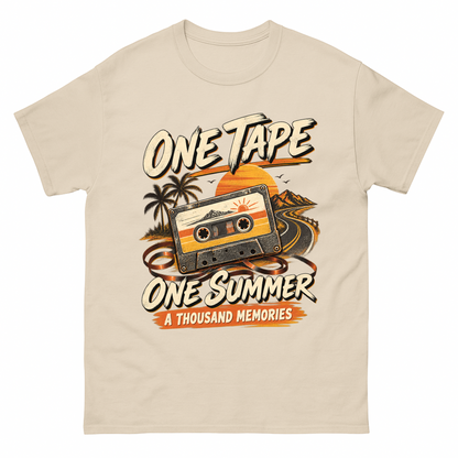 Sand vintage t-shirt with One Tape One Summer A Thousand Memories printed front design