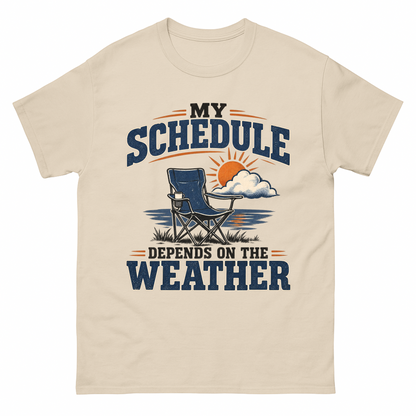 Sand vintage t-shirt with My Schedule Depends On The Weather printed front design