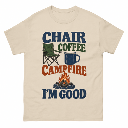 Sand vintage t-shirt with Chair Coffee Campfire. I'm Good printed front design