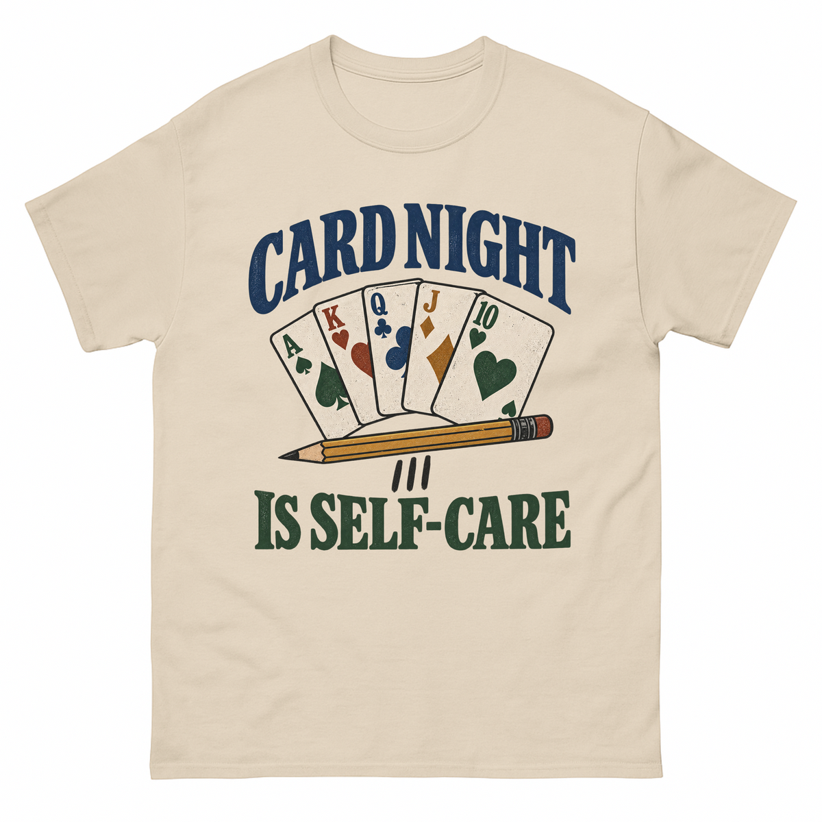 Sand vintage t-shirt with Card Night Is Self-Care printed front design