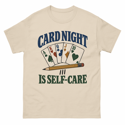 Sand vintage t-shirt with Card Night Is Self-Care printed front design